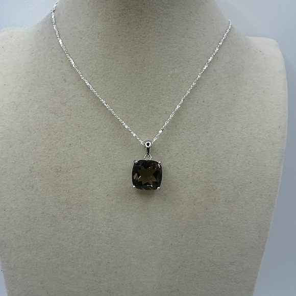 None Jewelry - Faceted Square Smoky Quartz Pendant on Silver Chain